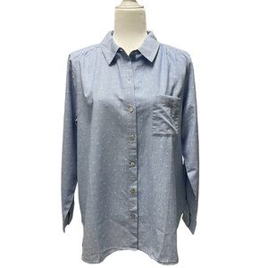 J Jill L 100% Cotton Blue Petite Stripe Embroidery Dot Button Up Shirt 97641